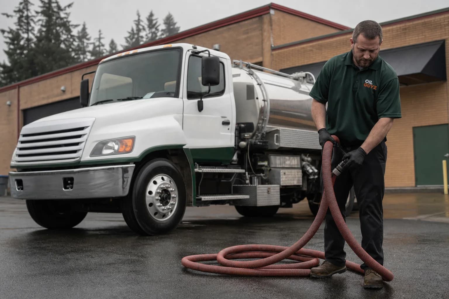 Free used cooking oil pickup at a University Place restaurant — unbranded white pump truck with hunter-green Oil Guyz technician
