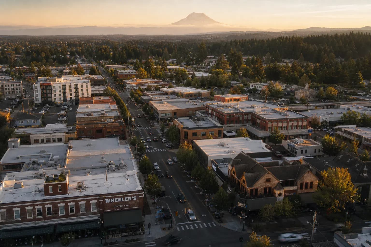 Aerial view of University Place restaurant district at golden hour