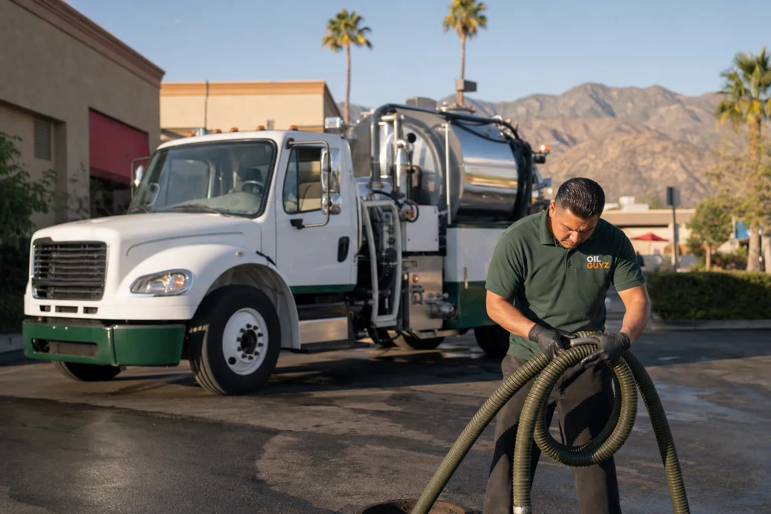 Free used cooking oil pickup at a Upland restaurant — unbranded white pump truck with hunter-green Oil Guyz technician