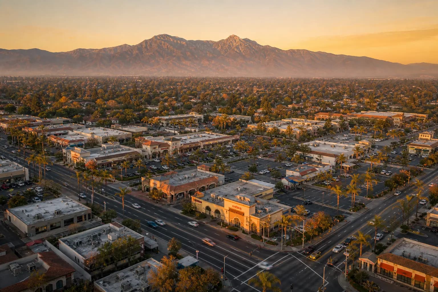 Aerial view of Upland restaurant district at golden hour