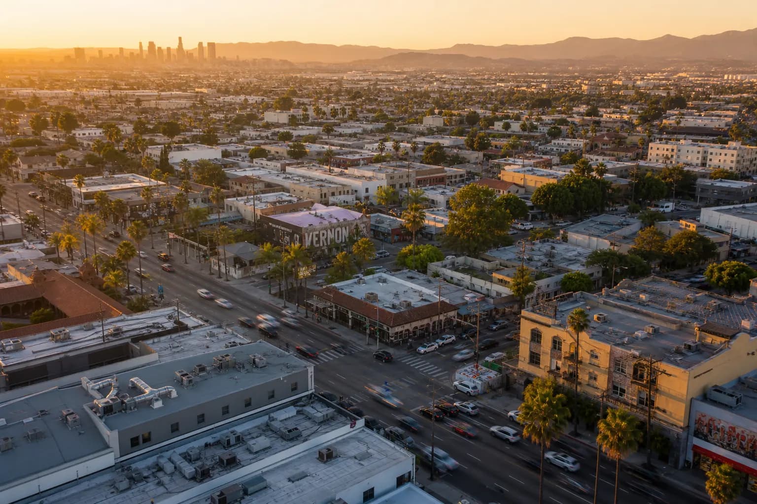 Aerial view of Vernon restaurant district at golden hour