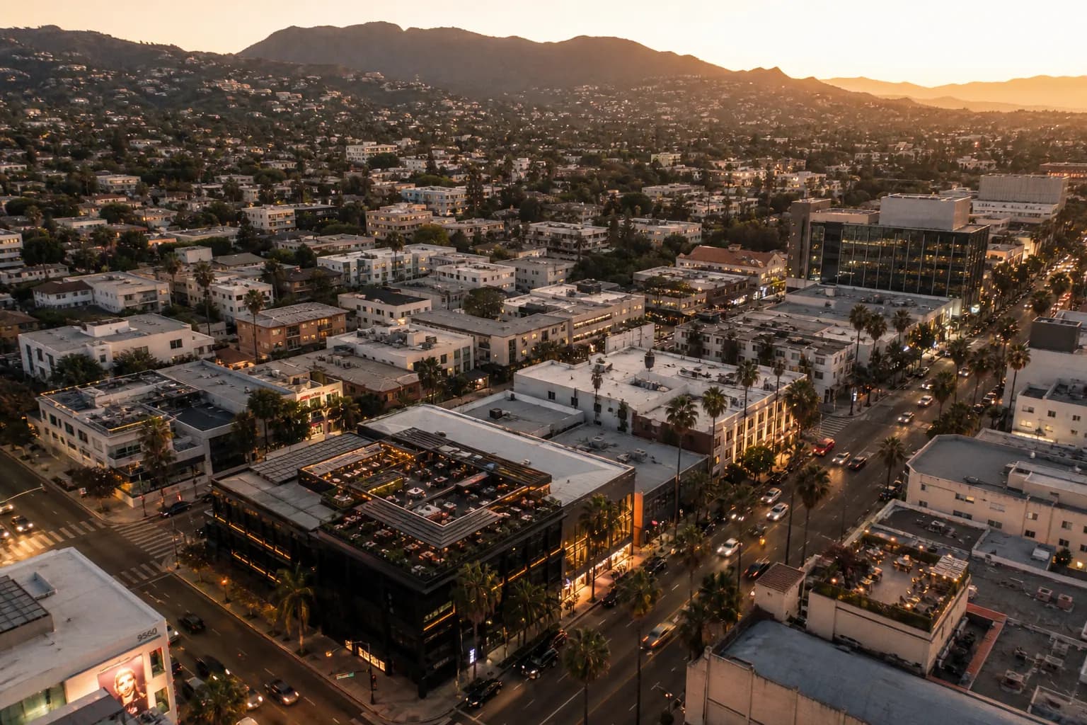 Aerial view of West Hollywood restaurant district at golden hour