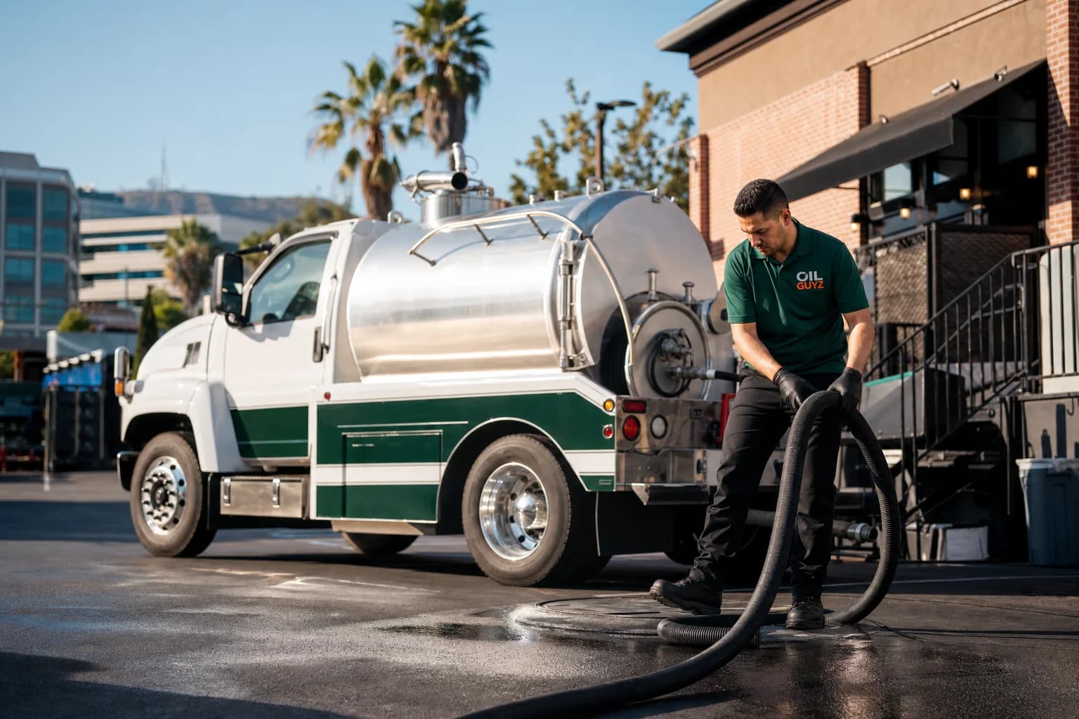 Free used cooking oil pickup at a Westlake Village restaurant — unbranded white pump truck with hunter-green Oil Guyz technician