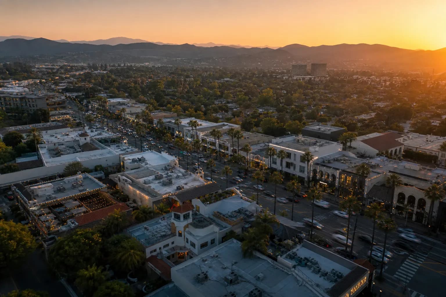 Aerial view of Westlake Village restaurant district at golden hour