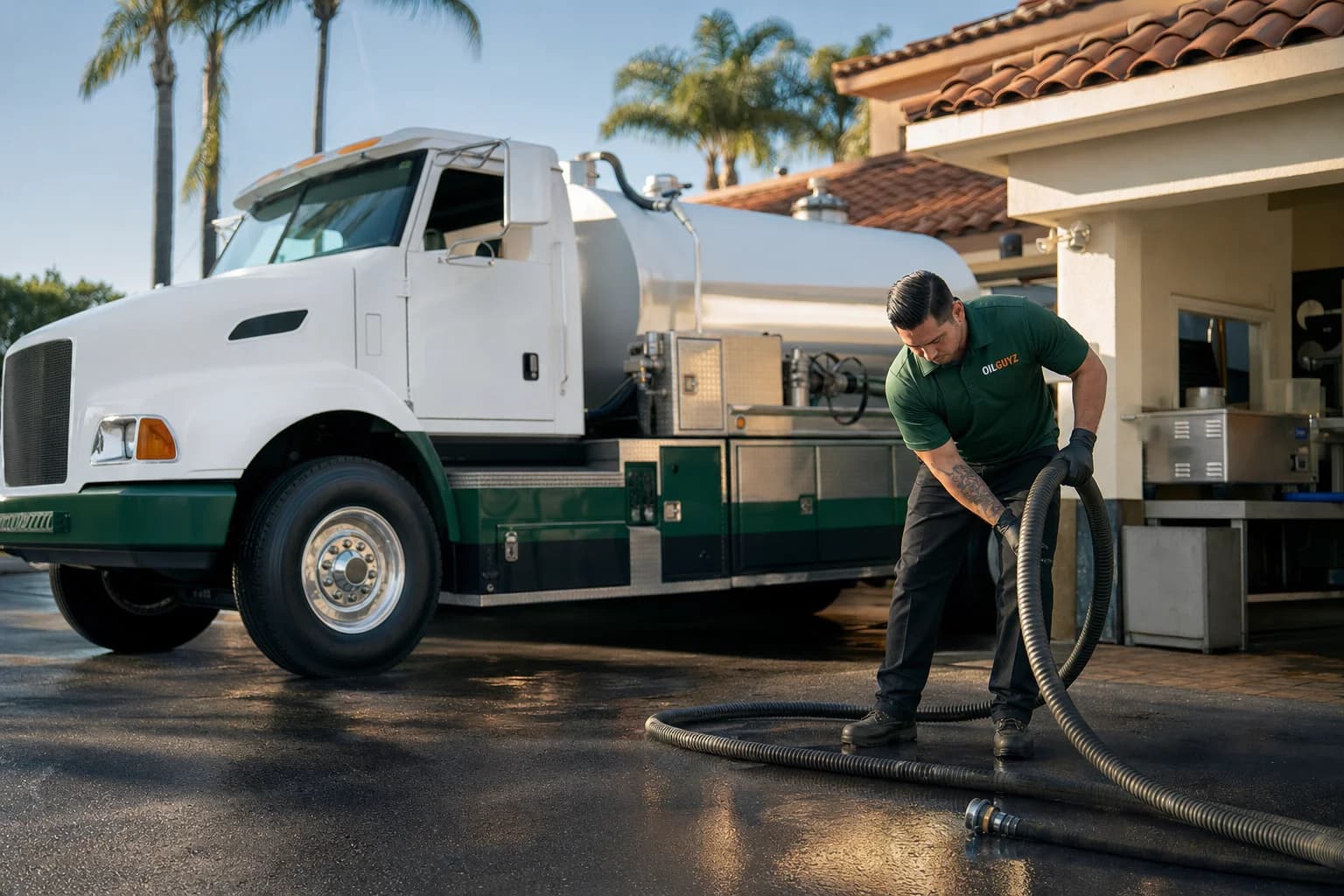 Free used cooking oil pickup at a Westminster restaurant — unbranded white pump truck with hunter-green Oil Guyz technician