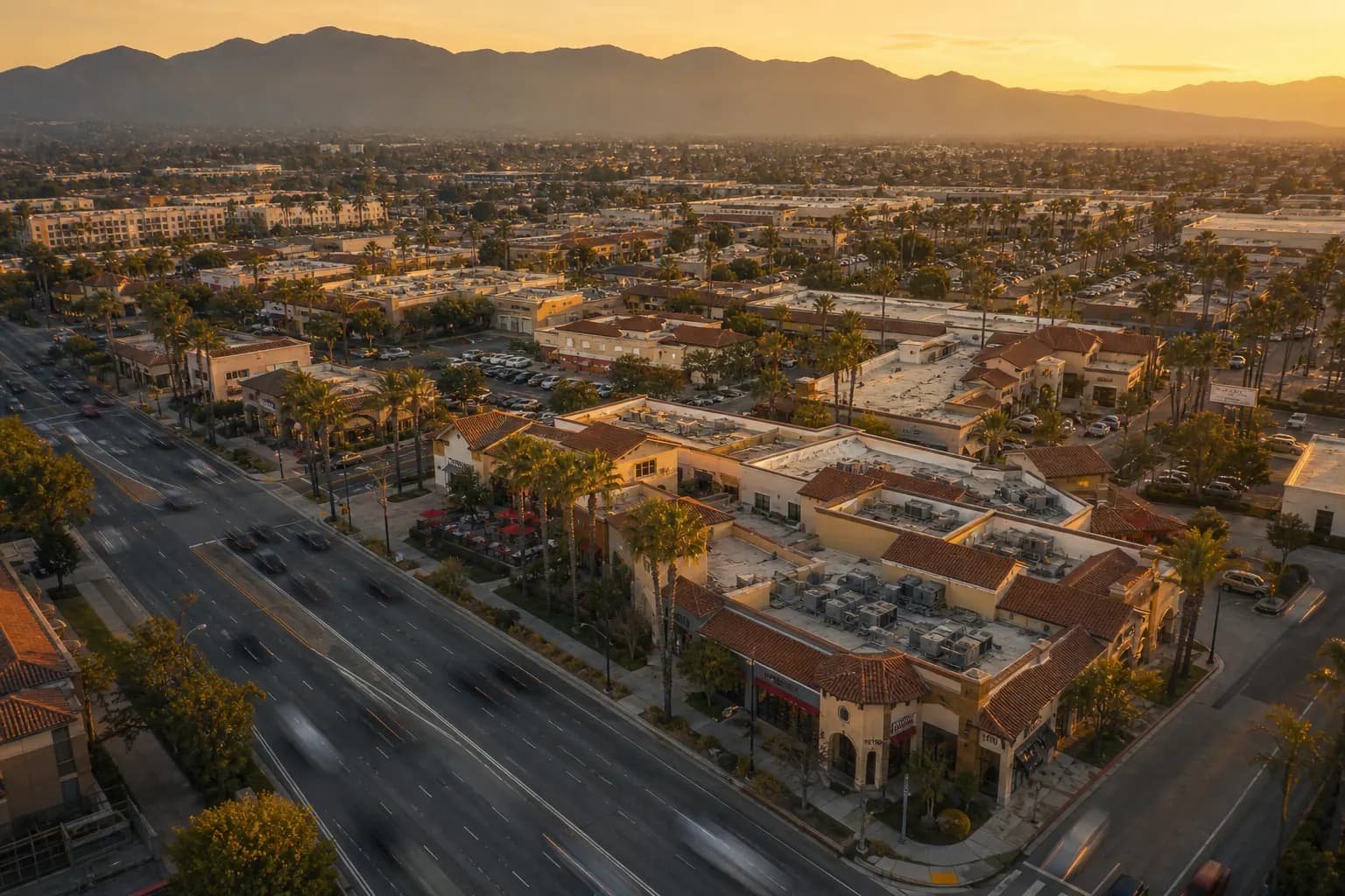 Aerial view of Westminster restaurant district at golden hour