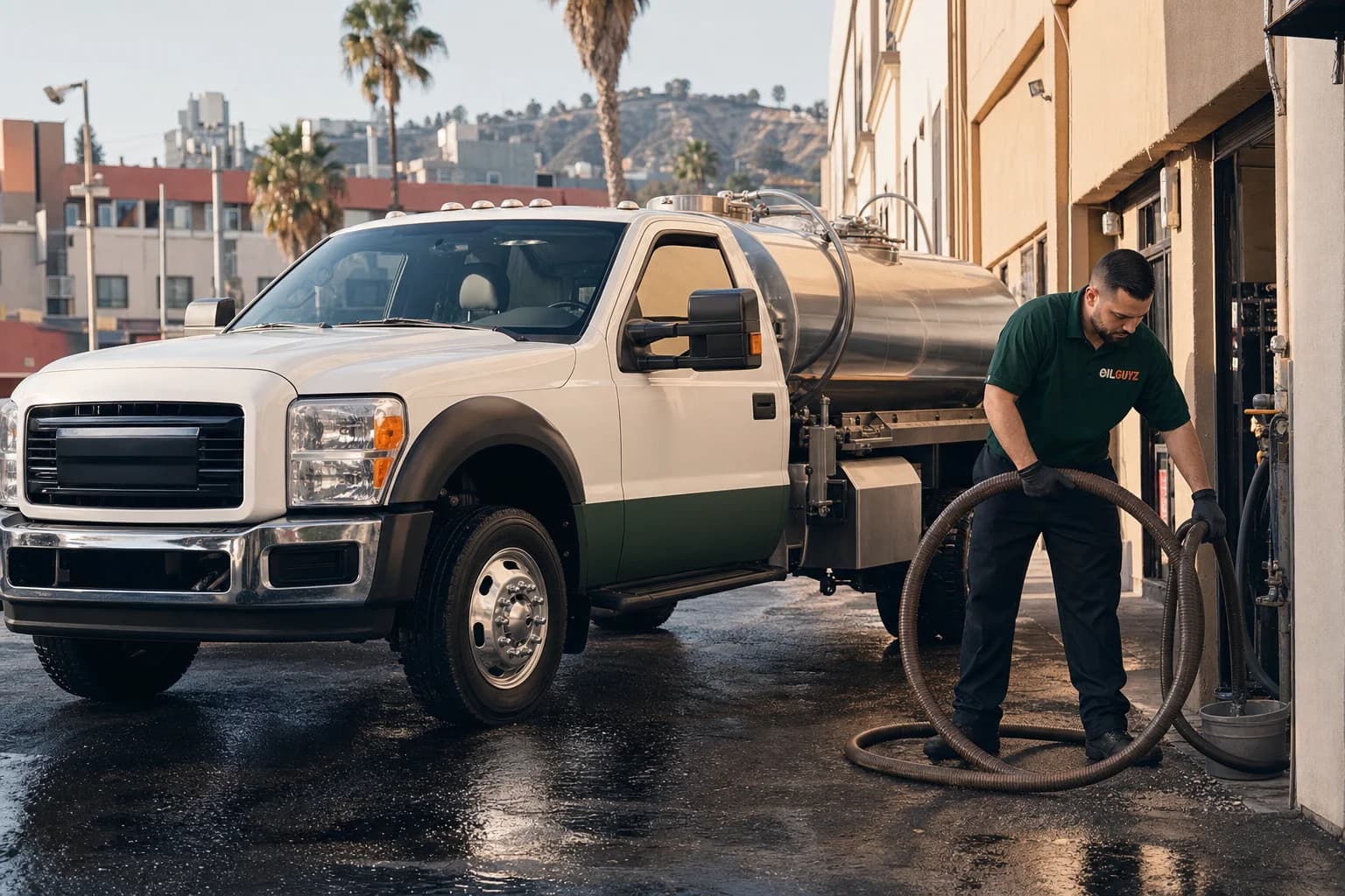 Free used cooking oil pickup at a Whittier restaurant — unbranded white pump truck with hunter-green Oil Guyz technician