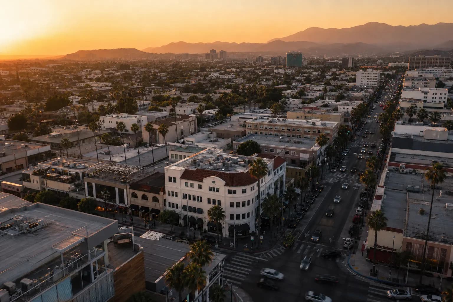 Aerial view of Whittier restaurant district at golden hour