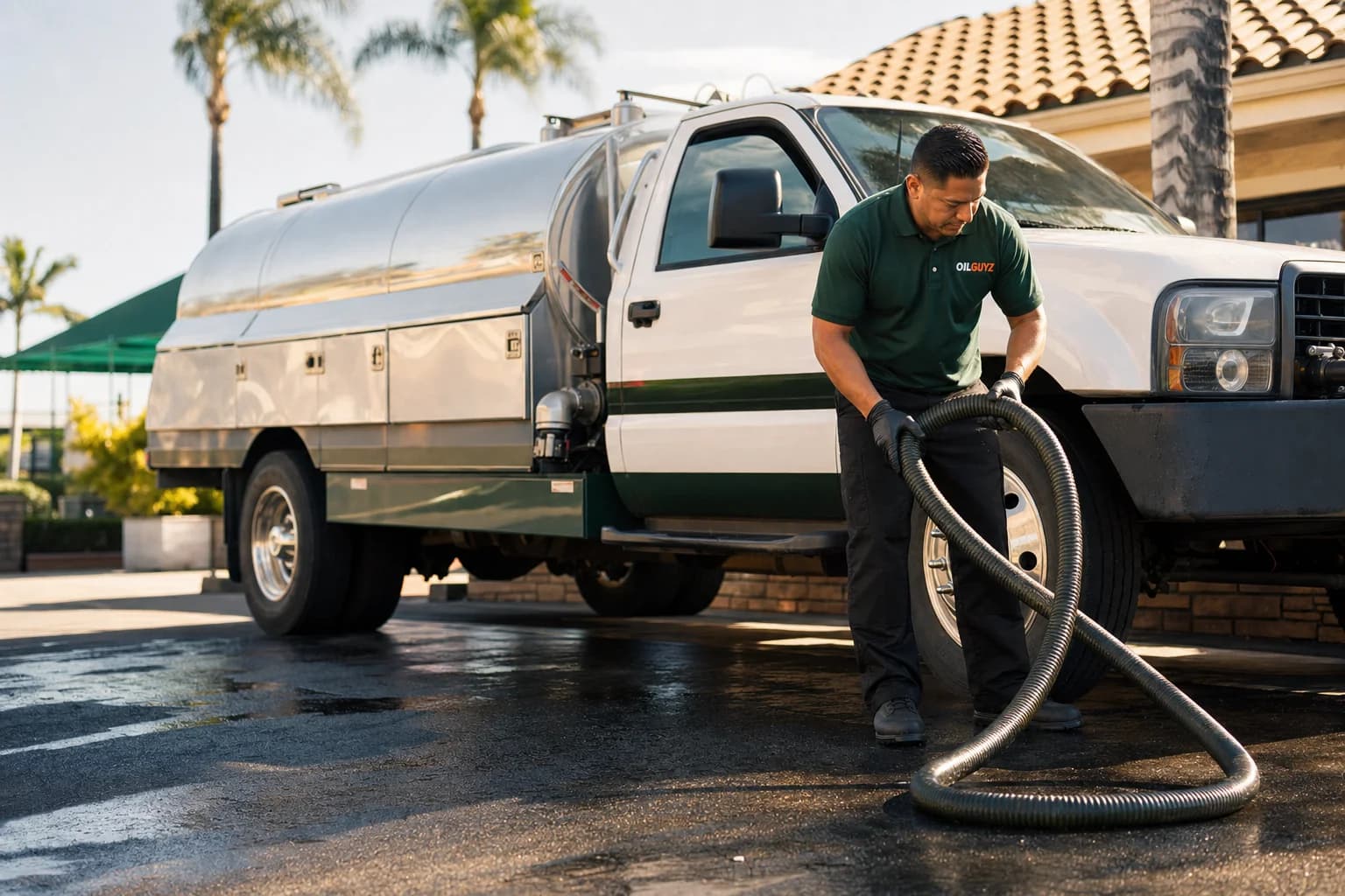Free used cooking oil pickup at a Yorba Linda restaurant — unbranded white pump truck with hunter-green Oil Guyz technician