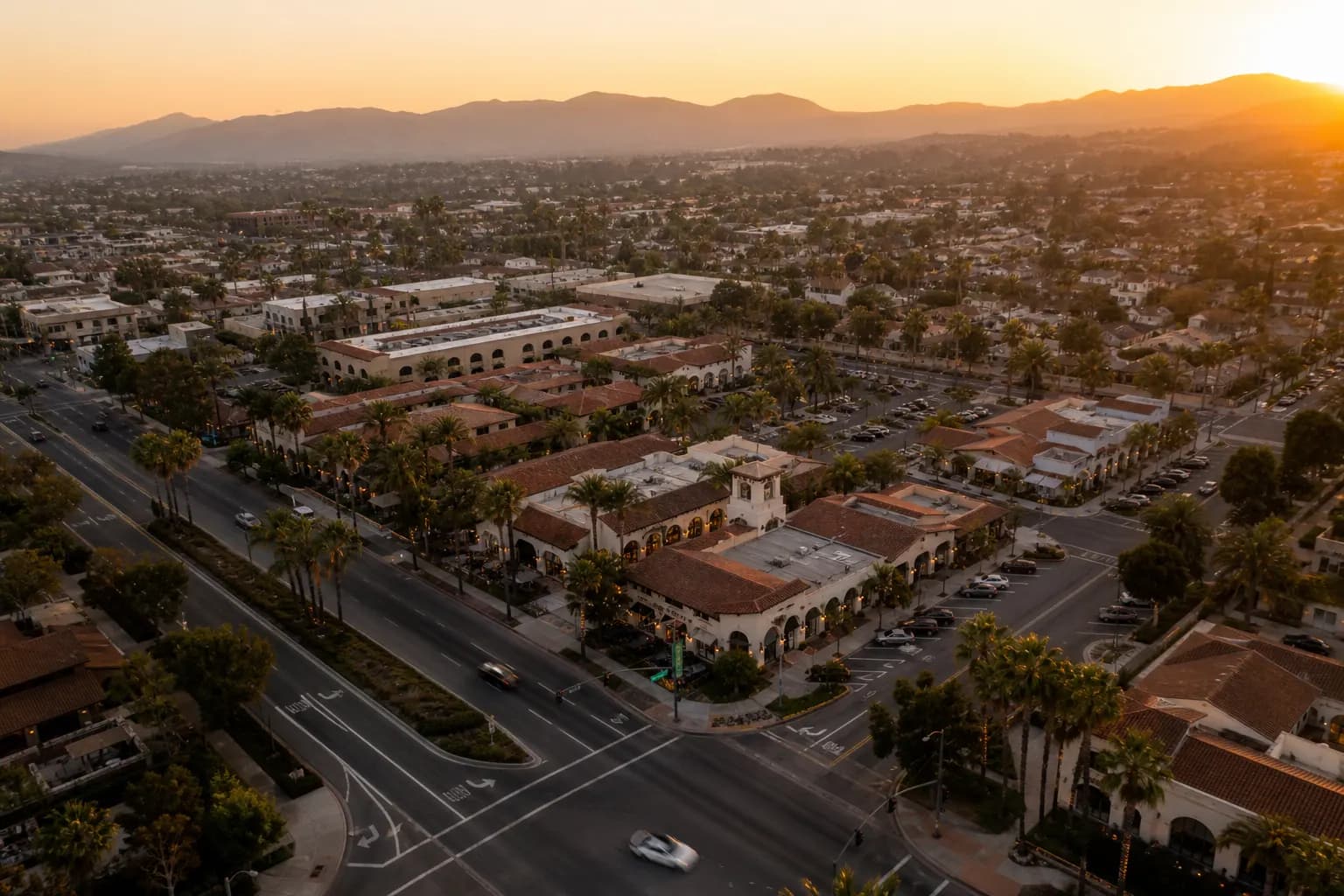 Aerial view of Yorba Linda restaurant district at golden hour