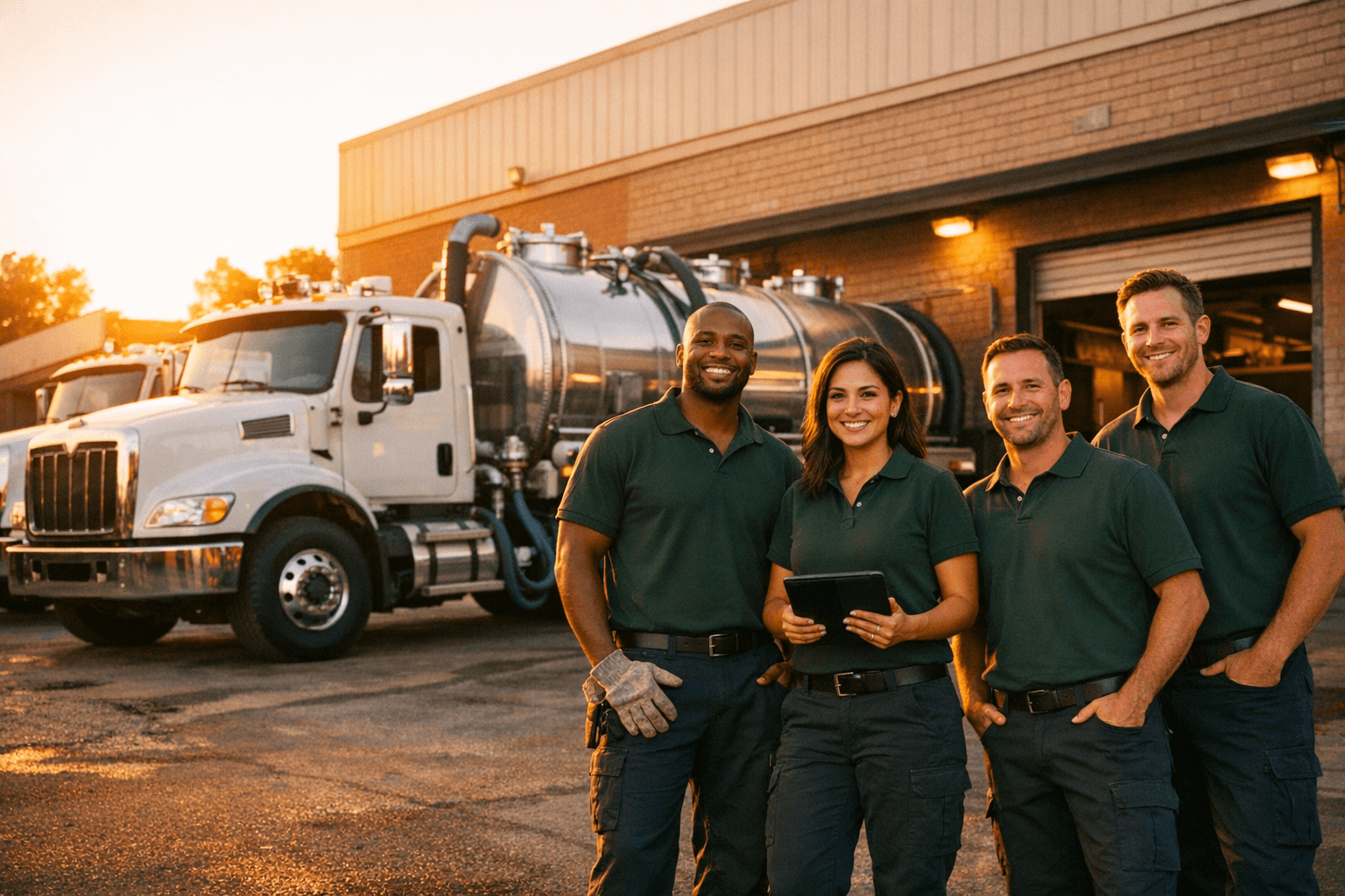 Four-person UCO collection team standing confidently in front of a pump truck and facility at golden hour