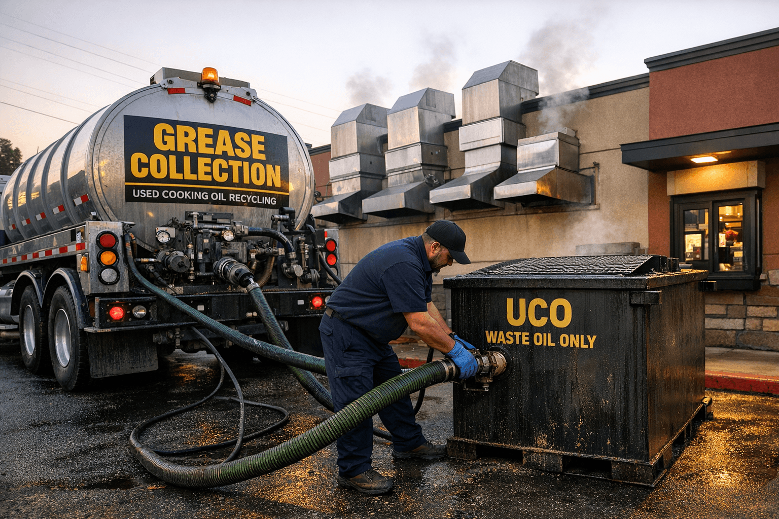 Grease collection truck servicing a fast food restaurant container in a QSR parking lot