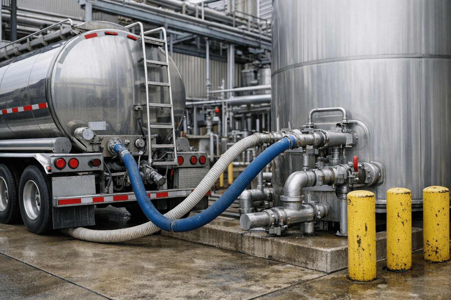 Tanker truck performing bulk cooking oil pump-out at a Southern California food processing facility