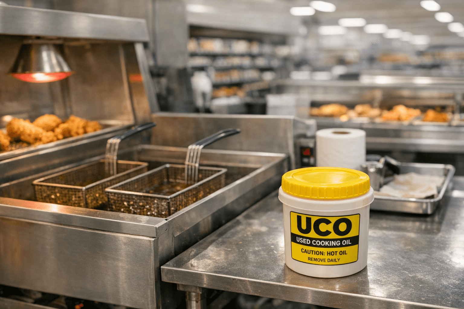 Grease pickup driver servicing a grocery store deli cooking oil container in Southern California