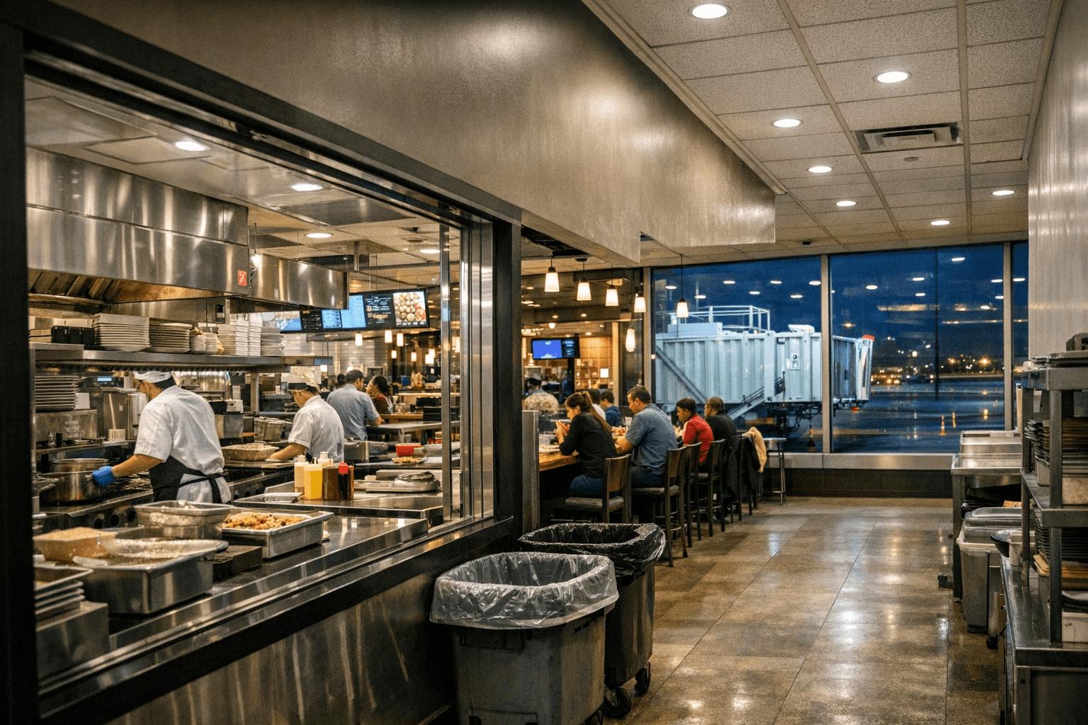 Airport terminal food court kitchen area with commercial cooking equipment and service windows