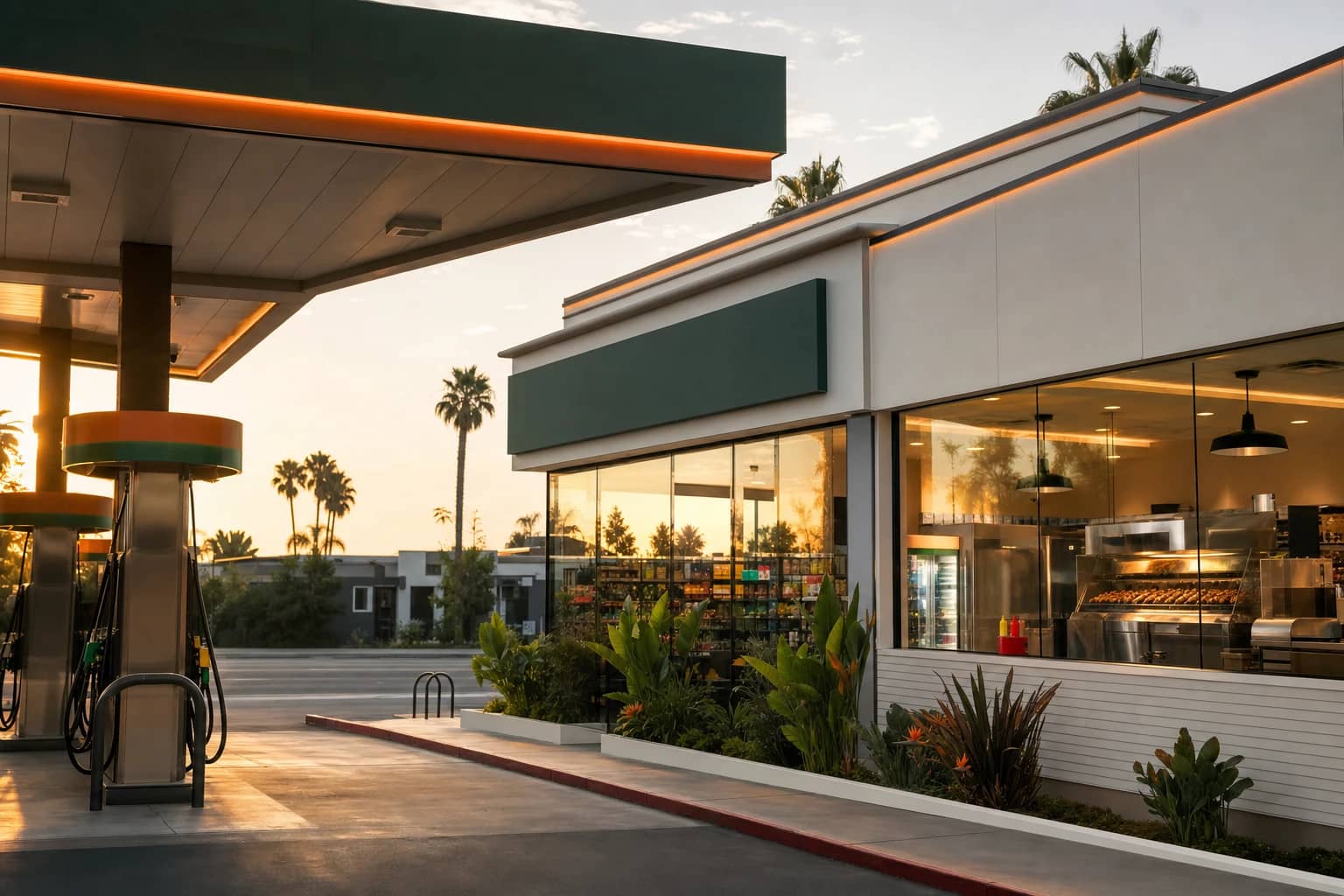 Convenience store and gas station forecourt at golden hour with a roller-grill and small fryer counter visible inside