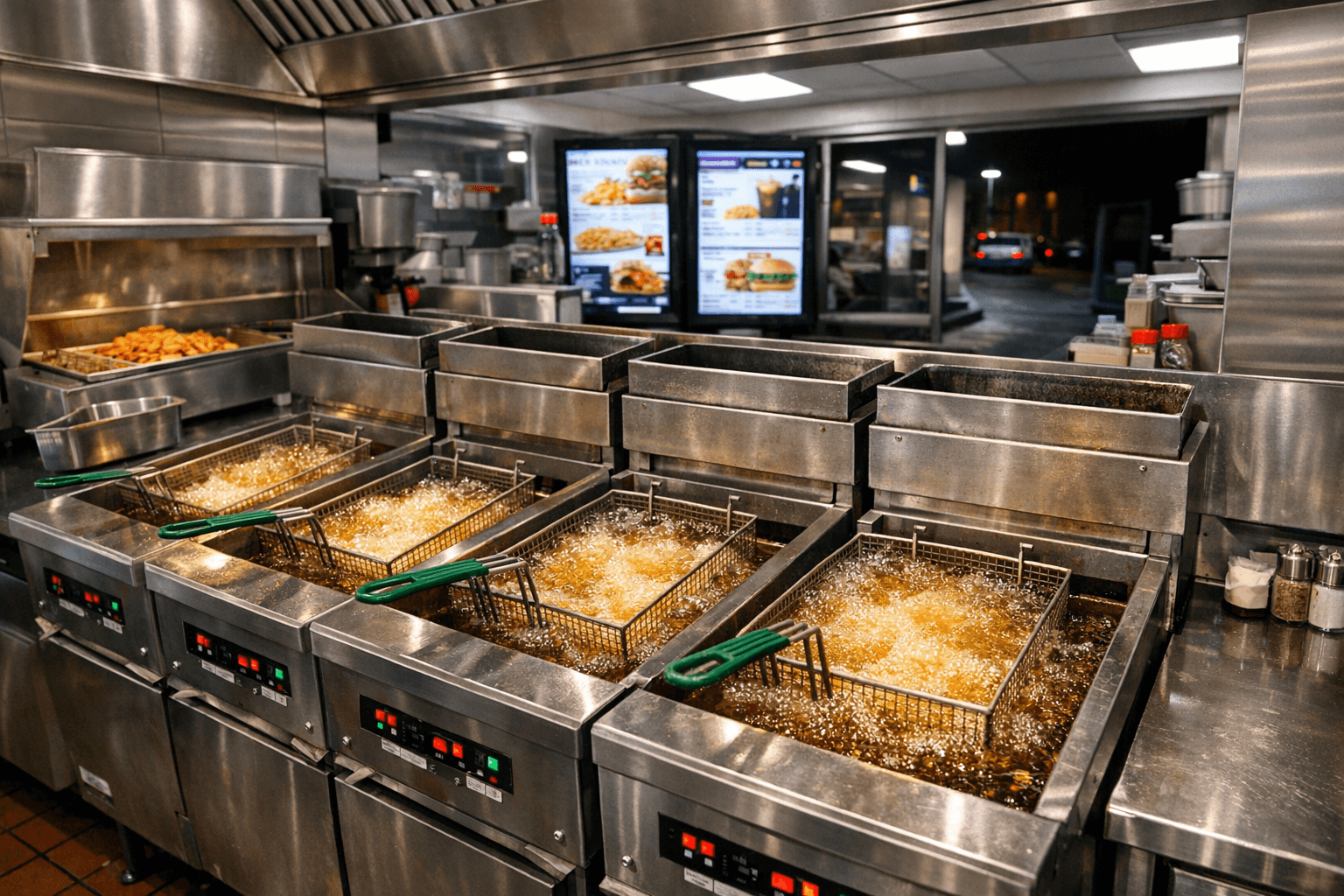 Fast food restaurant fryer station with multiple deep fryers and exhaust hoods in a high-volume kitchen