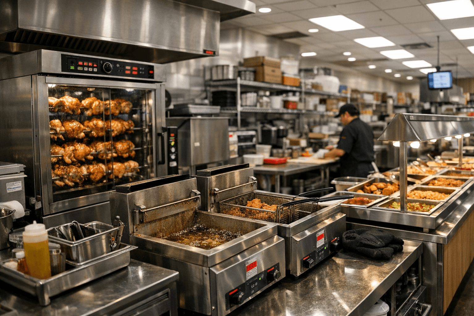 Grocery store deli department with hot food bar, rotisserie ovens, and commercial fryers