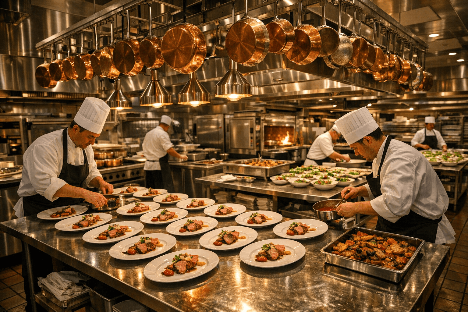 Luxury hotel kitchen with banquet prep stations and professional cooking equipment