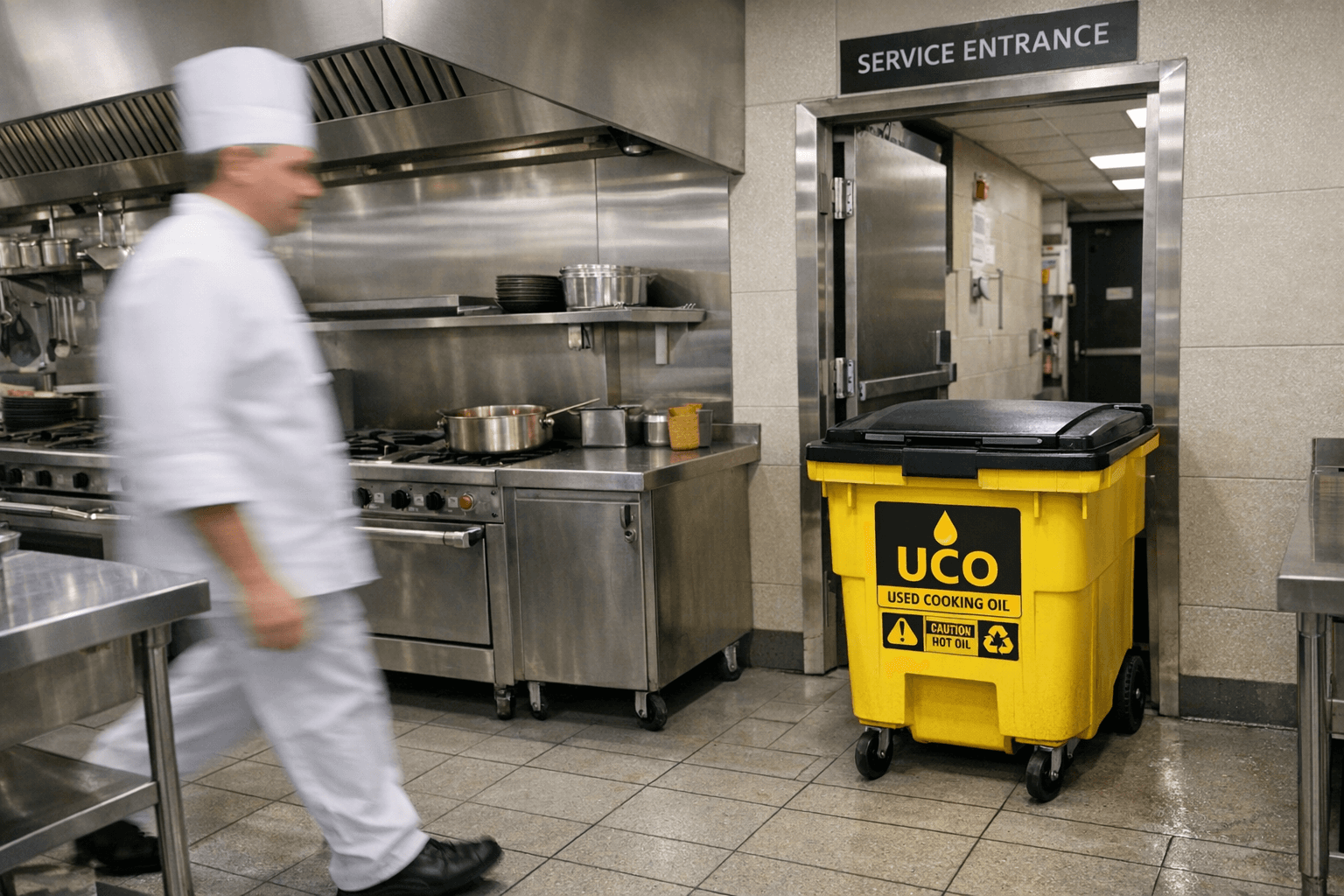 Uniformed driver servicing multiple grease containers at a hotel loading dock