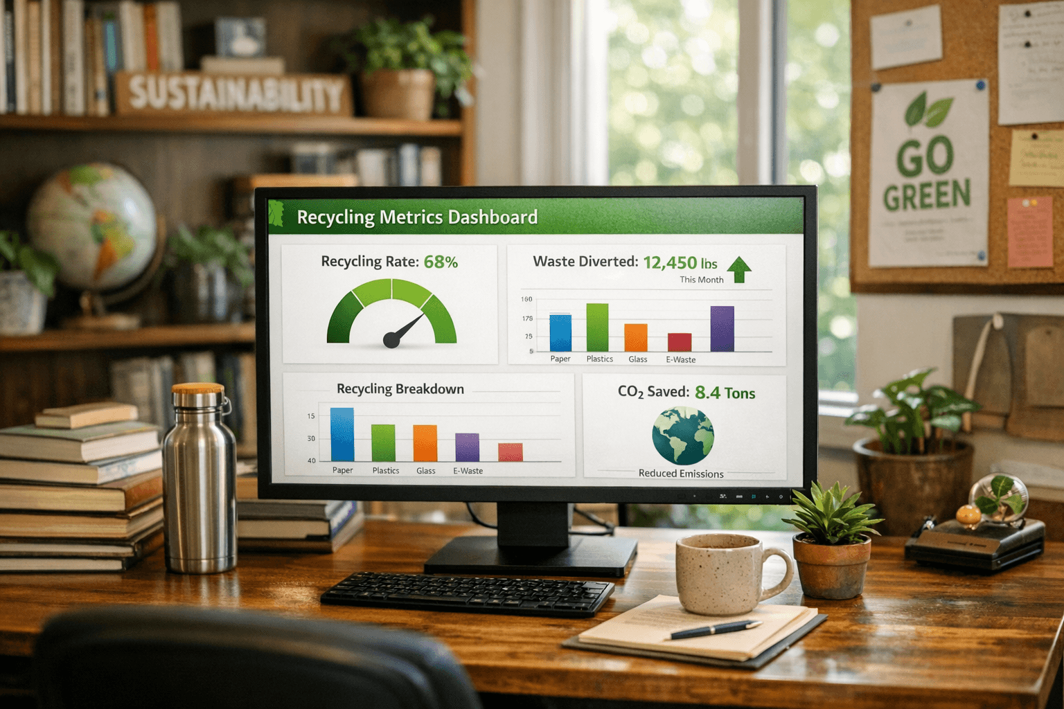Sustainability dashboard showing campus cooking oil diversion metrics and carbon offset data