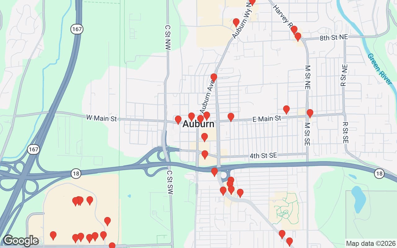 Map of Auburn, WA showing 50 restaurant locations served by Oil Guyz free used cooking oil pickup