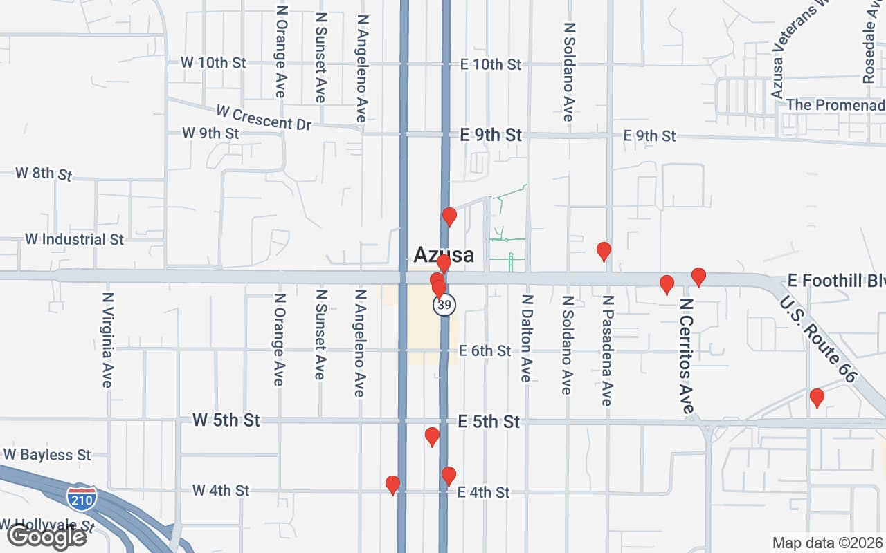 Map of Azusa, CA showing 50 restaurant locations served by Oil Guyz free used cooking oil pickup