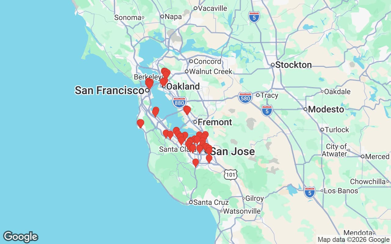 Bay Area service area map — Oil Guyz free used cooking oil pickup coverage across CA with 60 restaurant pickup locations highlighted