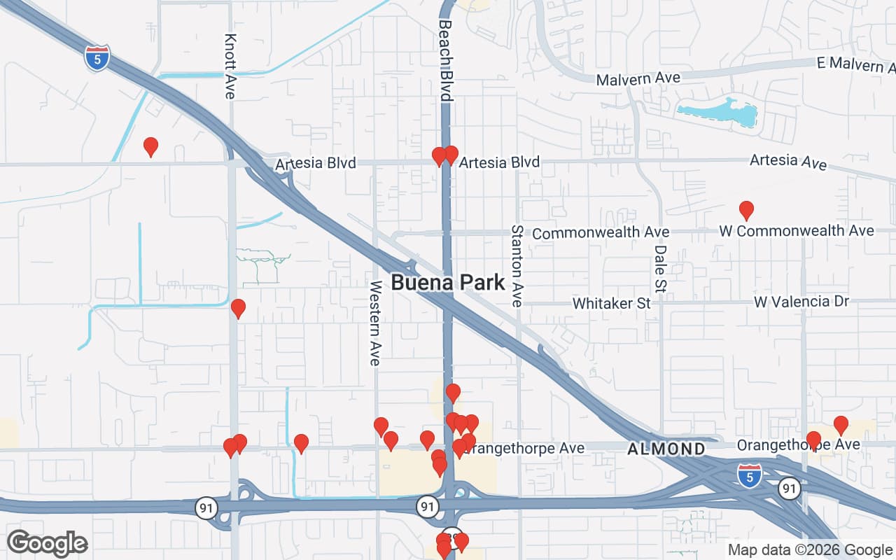 Map of Buena Park, CA showing 60 restaurant locations served by Oil Guyz free used cooking oil pickup