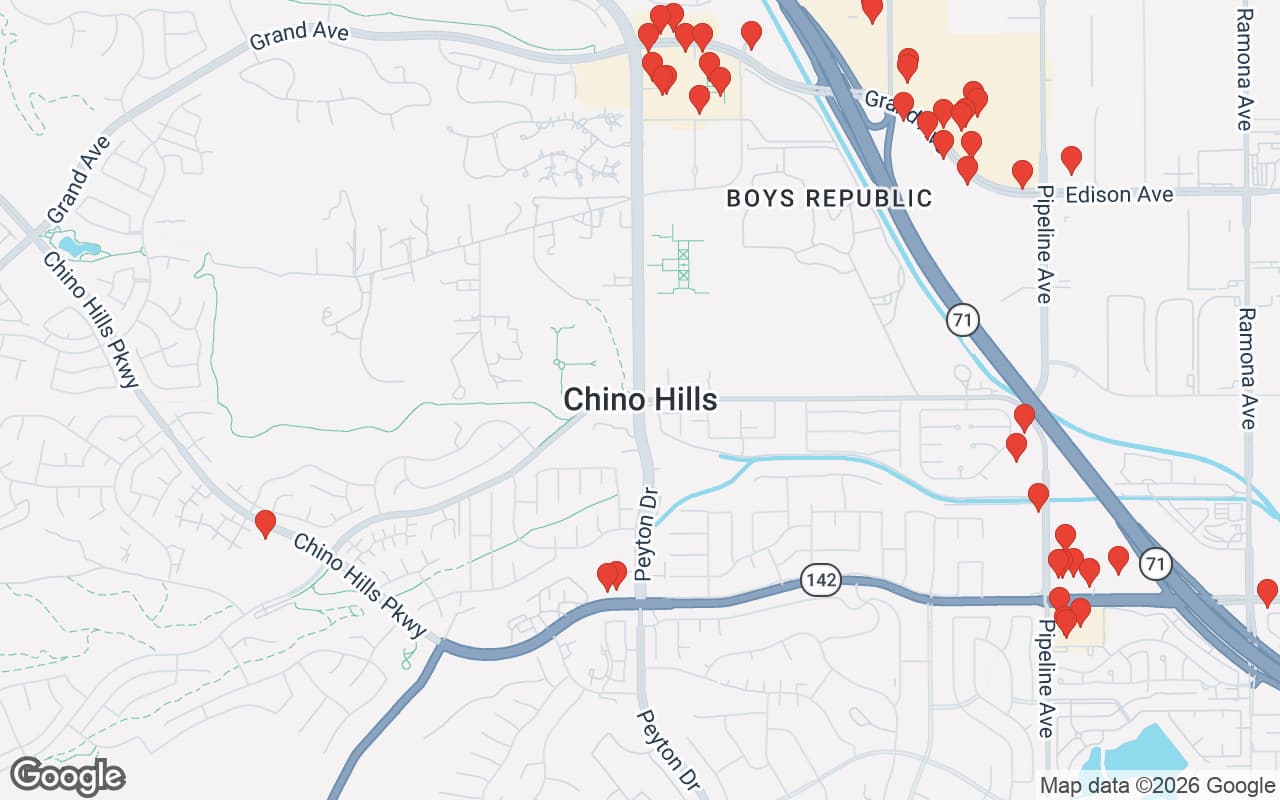 Map of Chino Hills, CA showing 50 restaurant locations served by Oil Guyz free used cooking oil pickup