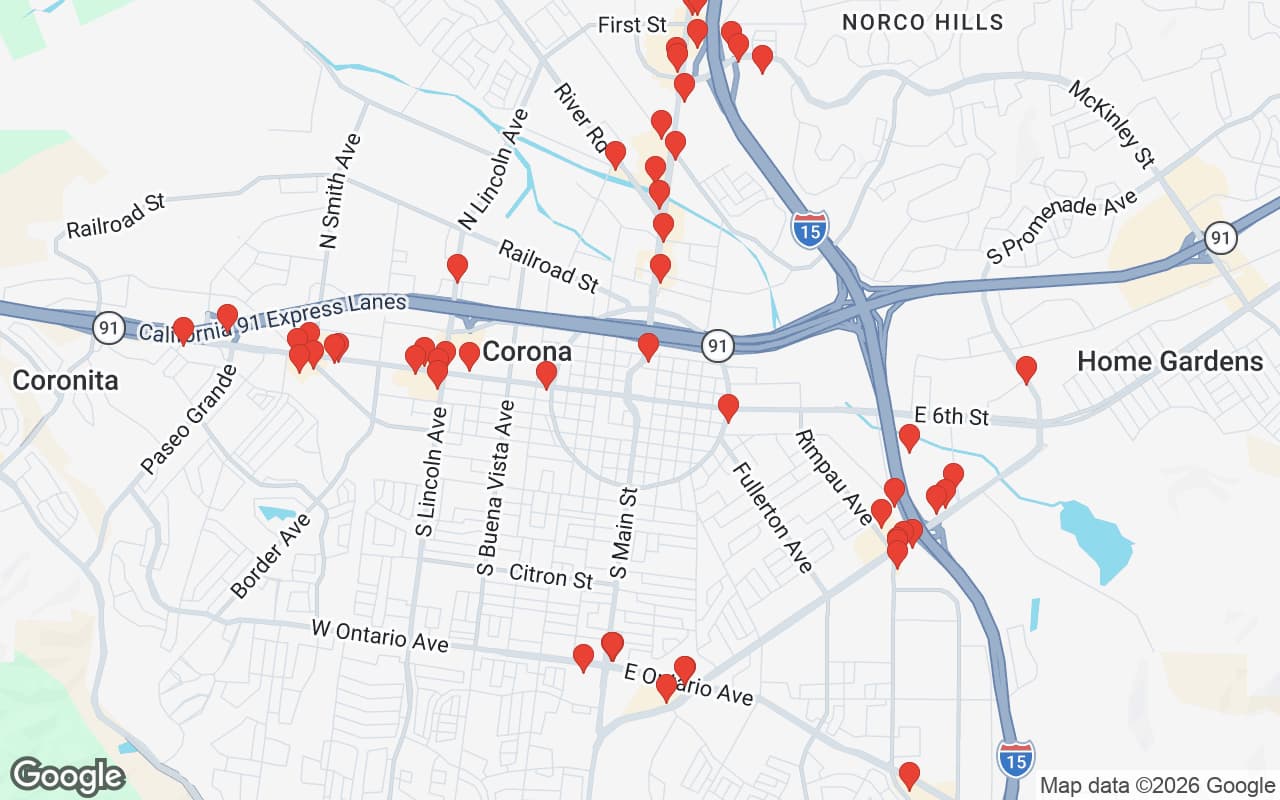 Map of Corona, CA showing 59 restaurant locations served by Oil Guyz free used cooking oil pickup