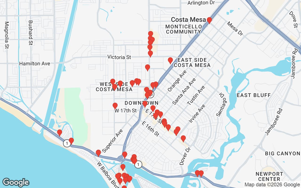 Map of Costa Mesa, CA showing 60 restaurant locations served by Oil Guyz free used cooking oil pickup
