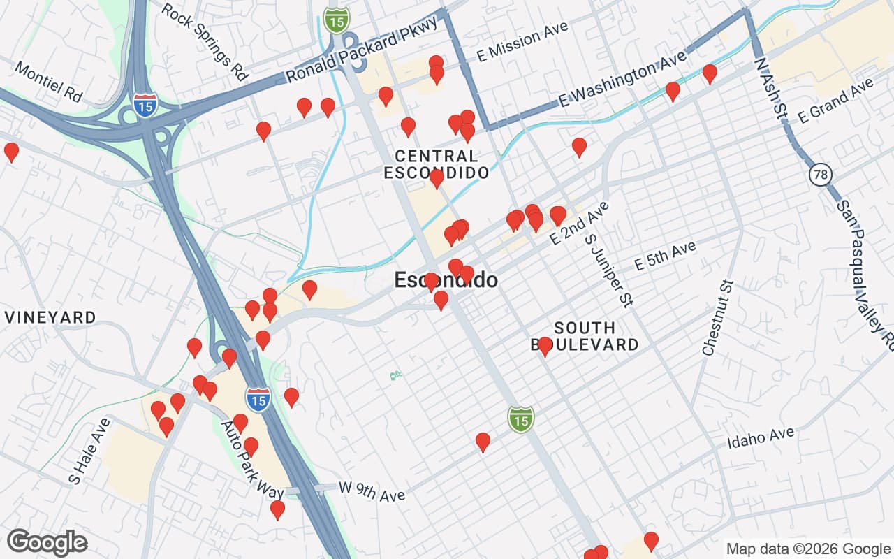 Map of Escondido, CA showing 59 restaurant locations served by Oil Guyz free used cooking oil pickup