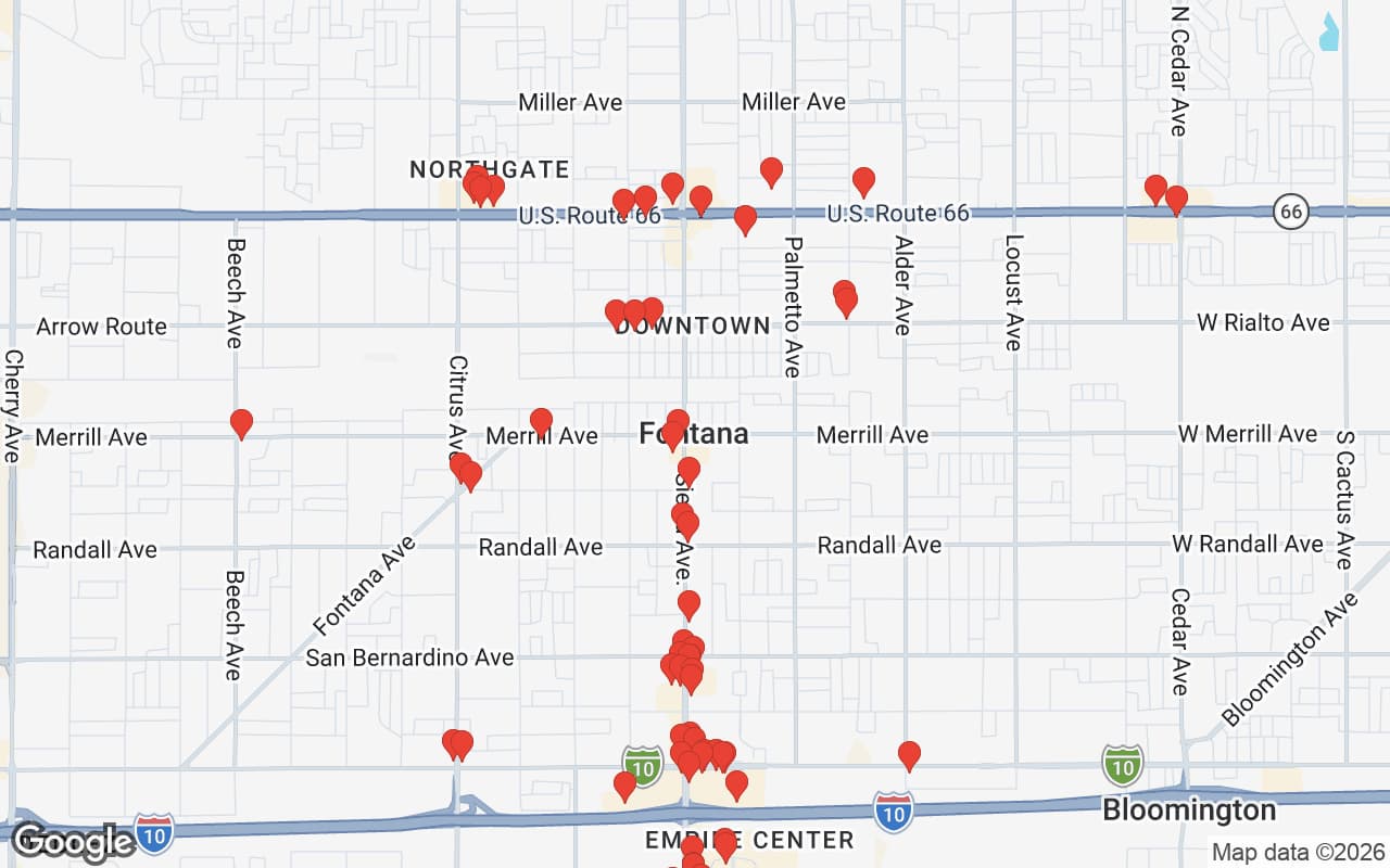 Map of Fontana, CA showing 59 restaurant locations served by Oil Guyz free used cooking oil pickup