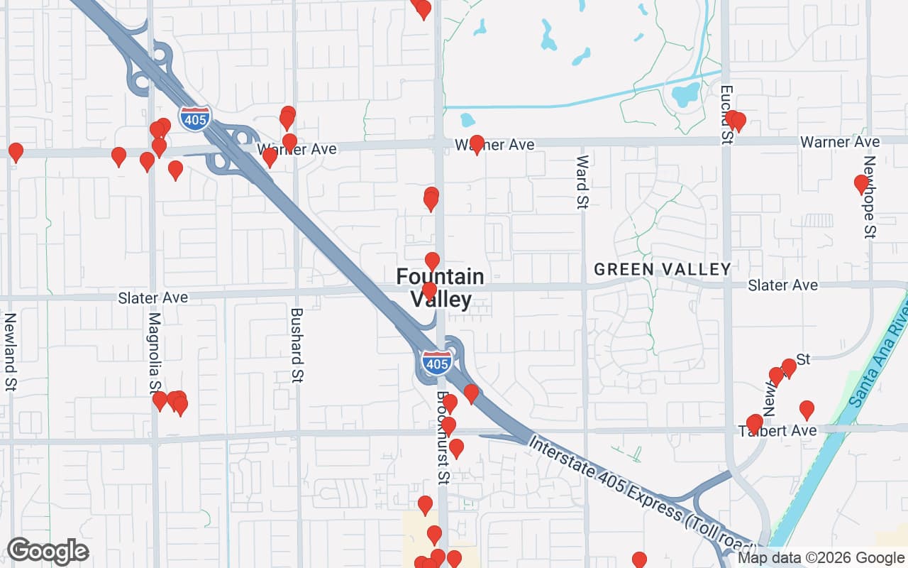Map of Fountain Valley, CA showing 58 restaurant locations served by Oil Guyz free used cooking oil pickup