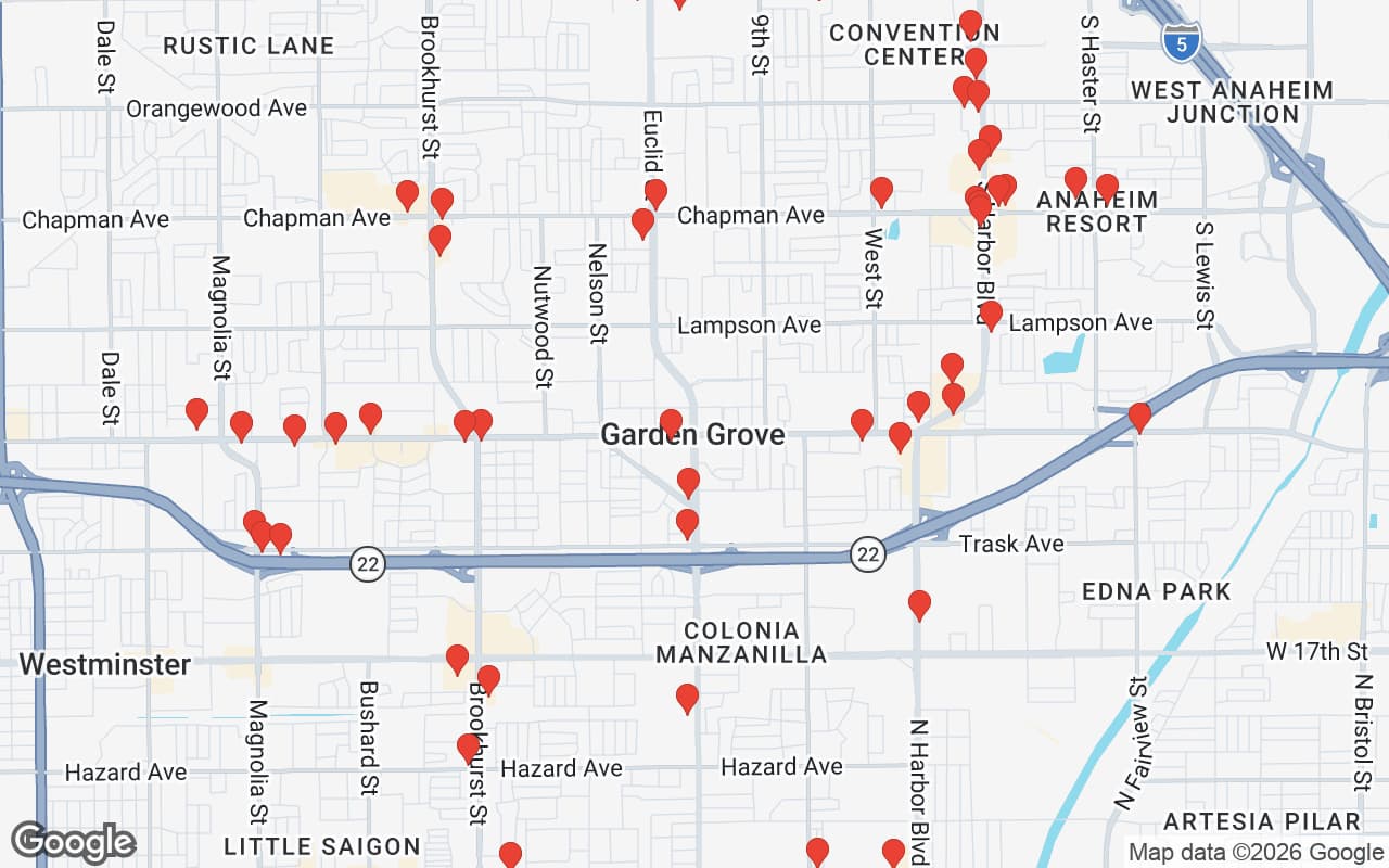 Map of Garden Grove, CA showing 60 restaurant locations served by Oil Guyz free used cooking oil pickup