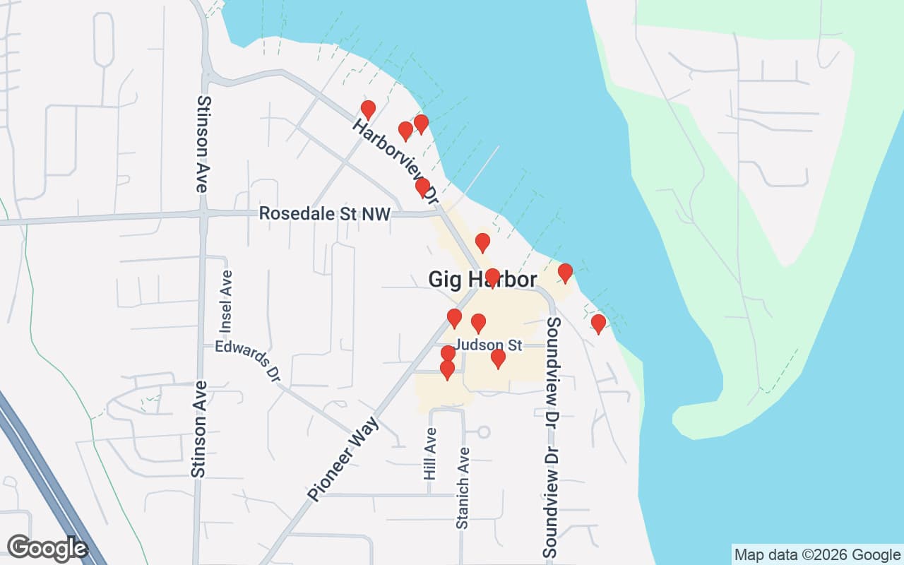 Map of Gig Harbor, WA showing 27 restaurant locations served by Oil Guyz free used cooking oil pickup