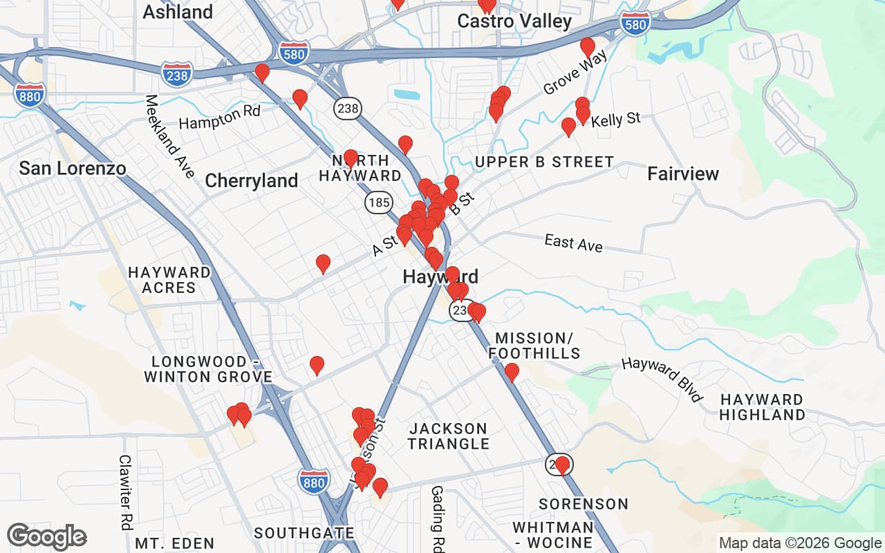 Map of Hayward, CA showing 60 restaurant locations served by Oil Guyz free used cooking oil pickup