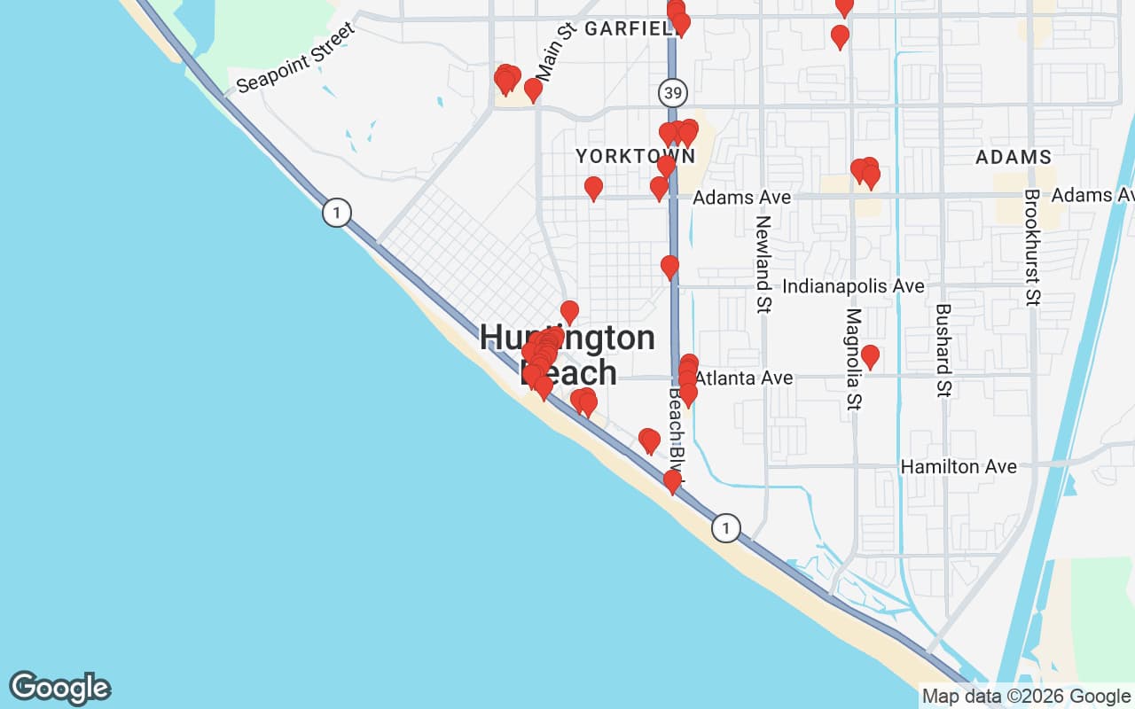Map of Huntington Beach, CA showing 60 restaurant locations served by Oil Guyz free used cooking oil pickup