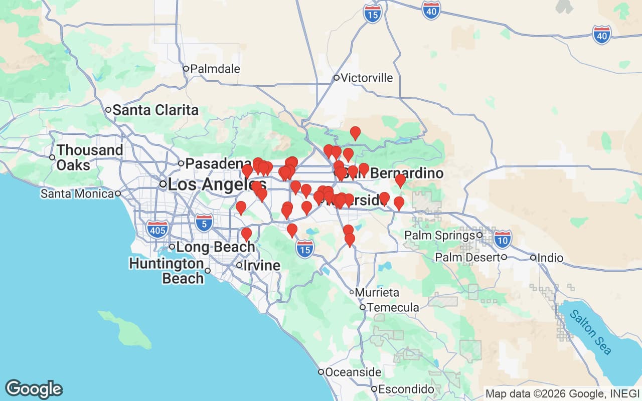 Inland Empire service area map — Oil Guyz free used cooking oil pickup coverage across CA with 60 restaurant pickup locations highlighted