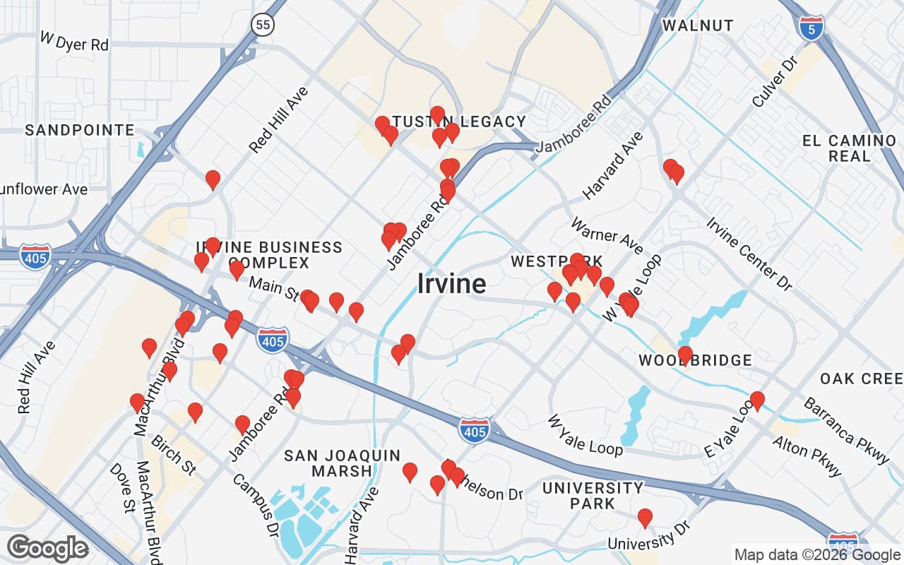 Map of Irvine, CA showing 59 restaurant locations served by Oil Guyz free used cooking oil pickup