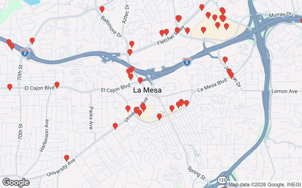 Map of La Mesa, CA showing 50 restaurant locations served by Oil Guyz free used cooking oil pickup