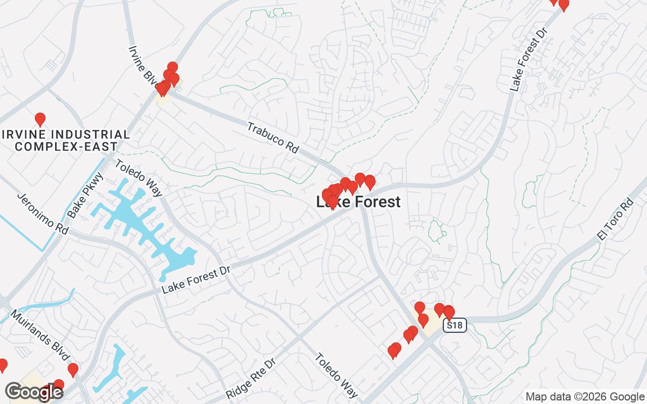 Map of Lake Forest, CA showing 59 restaurant locations served by Oil Guyz free used cooking oil pickup
