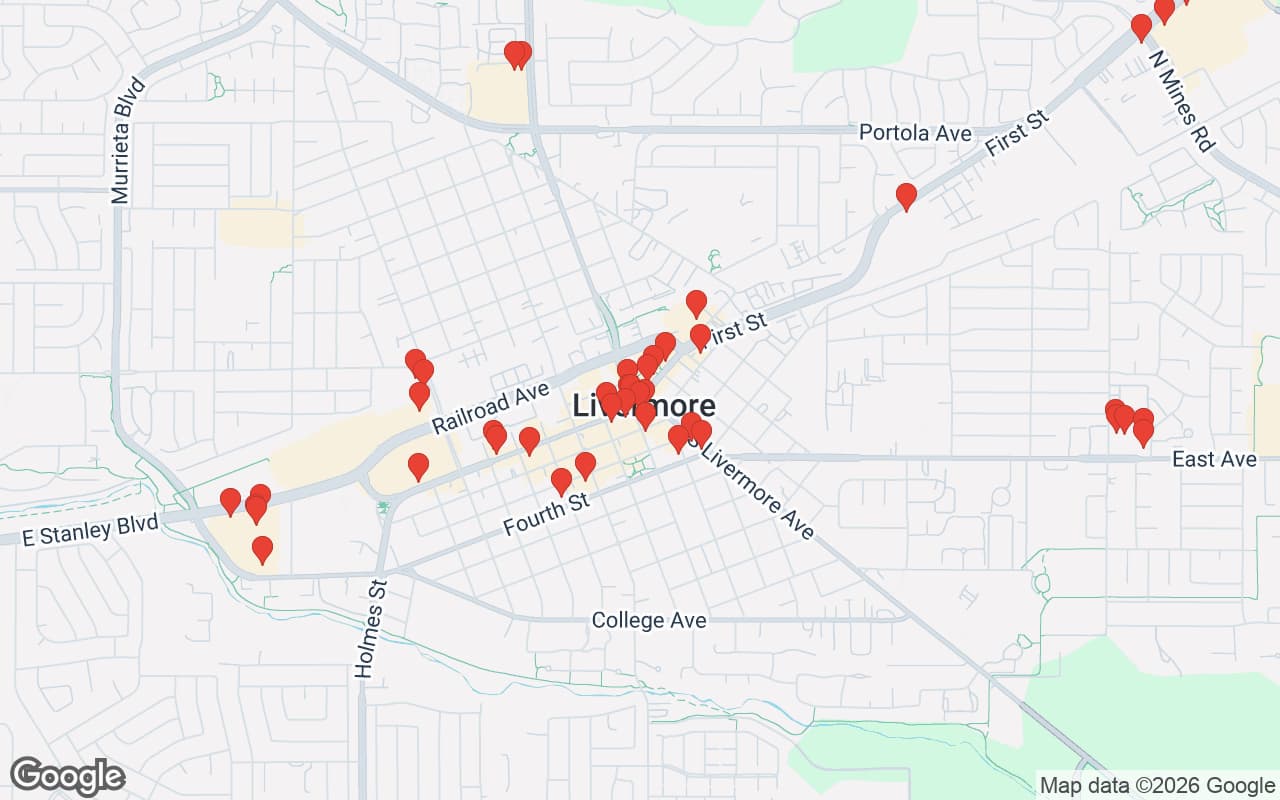 Map of Livermore, CA showing 50 restaurant locations served by Oil Guyz free used cooking oil pickup