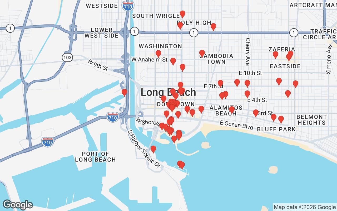 Map of Long Beach, CA showing 60 restaurant locations served by Oil Guyz free used cooking oil pickup