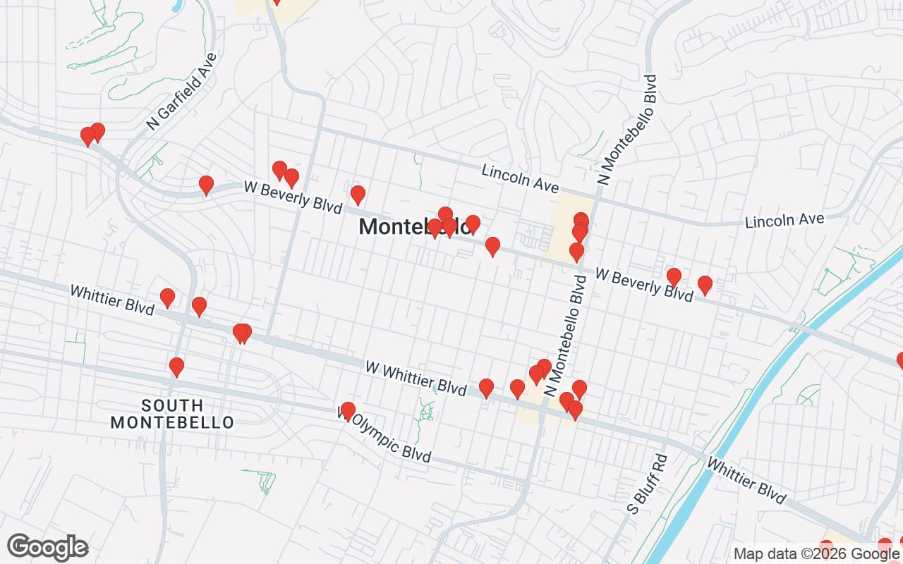 Map of Montebello, CA showing 50 restaurant locations served by Oil Guyz free used cooking oil pickup