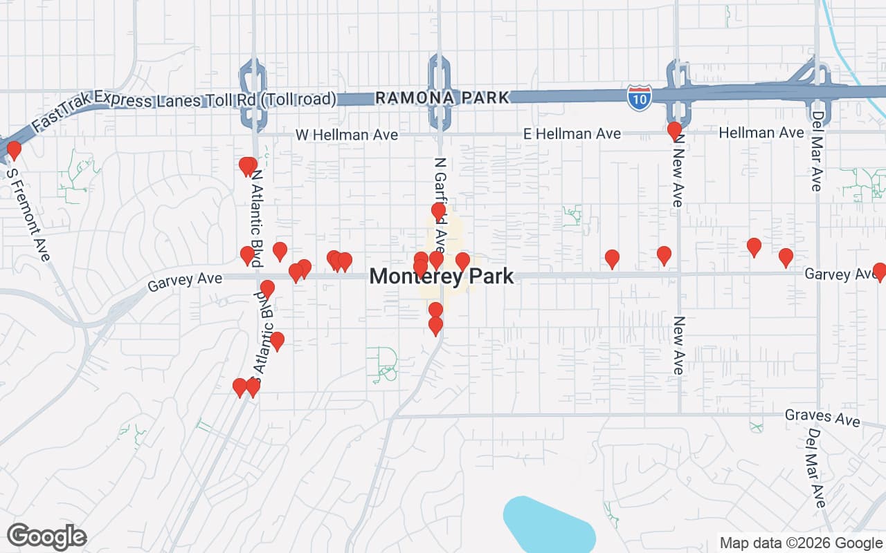 Map of Monterey Park, CA showing 60 restaurant locations served by Oil Guyz free used cooking oil pickup