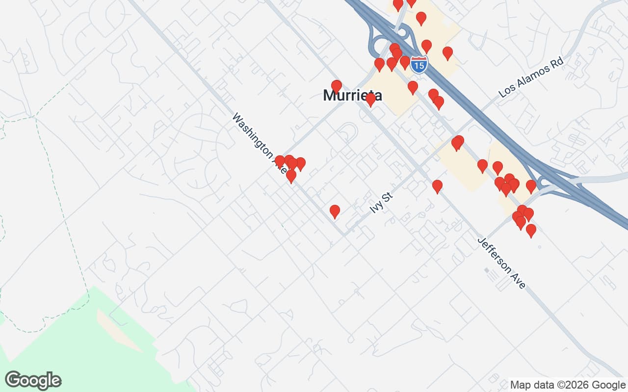 Map of Murrieta, CA showing 59 restaurant locations served by Oil Guyz free used cooking oil pickup