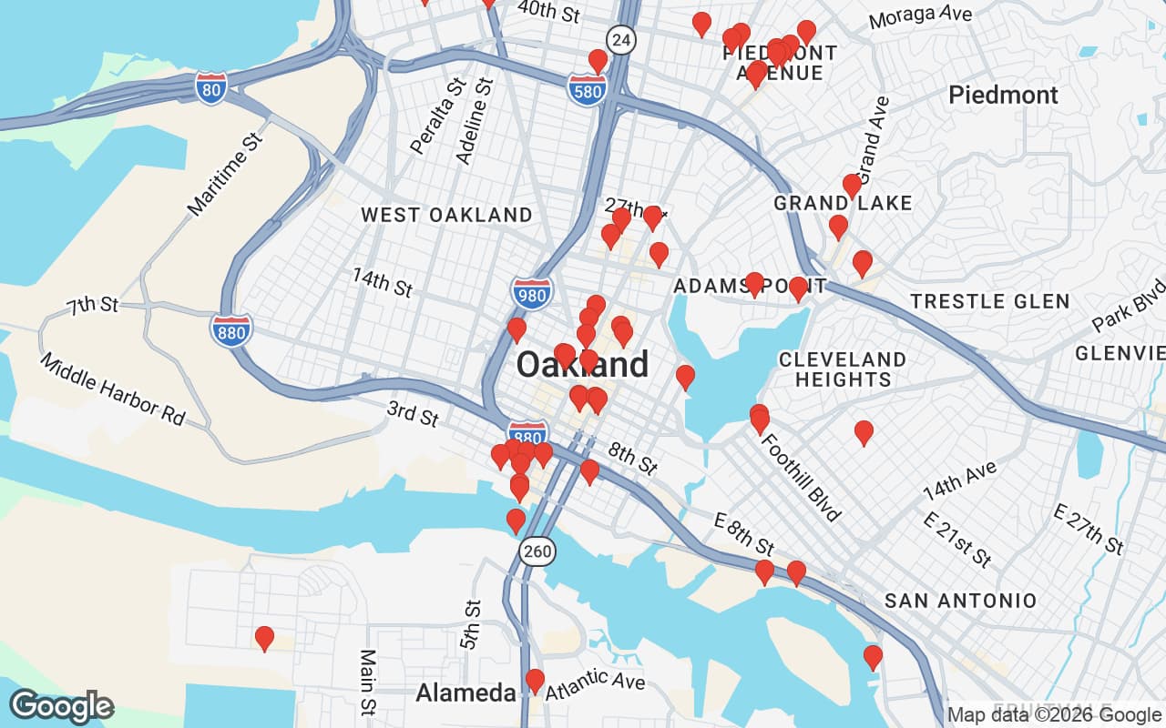 Map of Oakland, CA showing 60 restaurant locations served by Oil Guyz free used cooking oil pickup