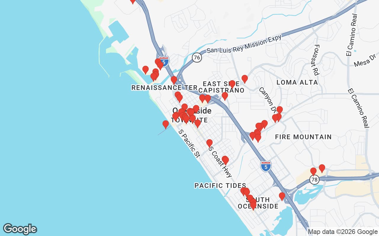 Map of Oceanside, CA showing 60 restaurant locations served by Oil Guyz free used cooking oil pickup